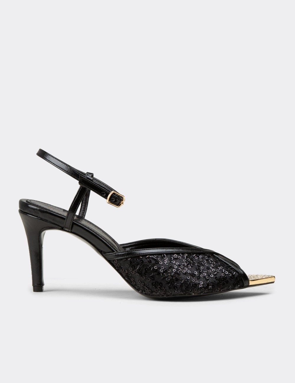 Women's Black Sequin Ankle Strap Evening Heels - RD743ZSYHM01