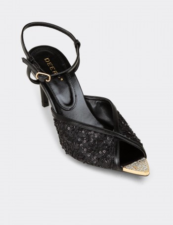 Women's Black Sequin Ankle Strap Evening Heels - RD743ZSYHM01