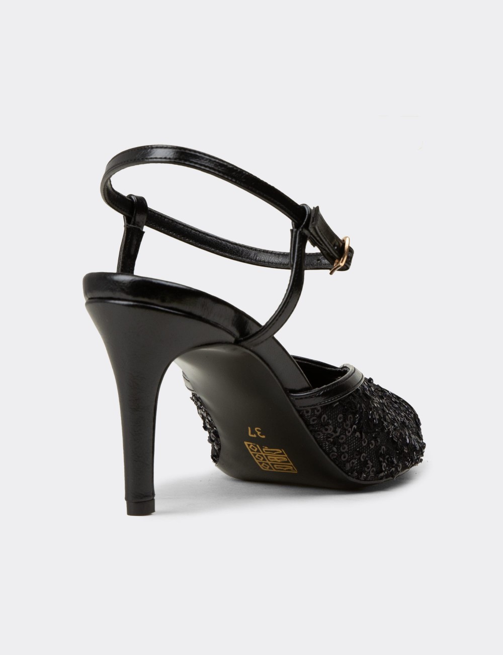 Women's Black Sequin Ankle Strap Evening Heels - RD743ZSYHM01