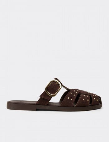 Women's Brown Studded Strap Slide Sandals