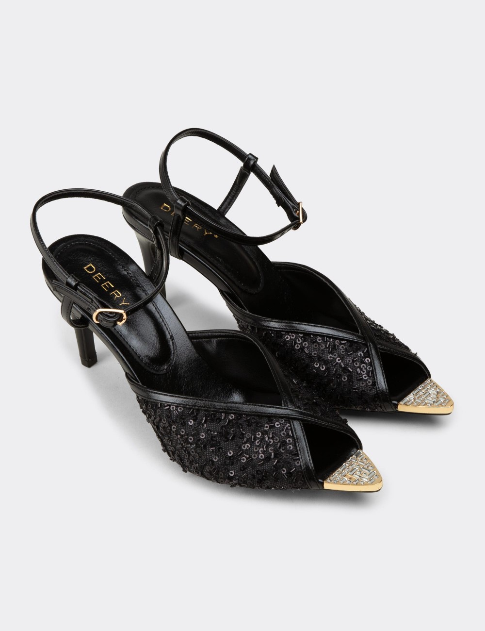 Women's Black Sequin Ankle Strap Evening Heels - RD743ZSYHM01