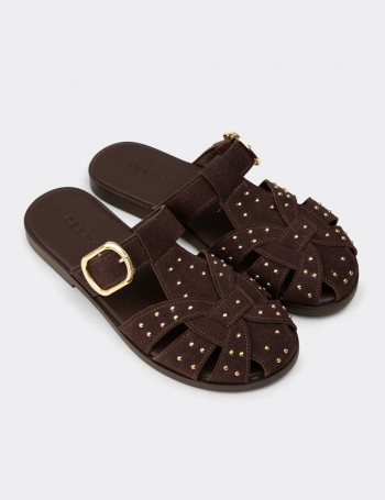 Women's Brown Studded Strap Slide Sandals