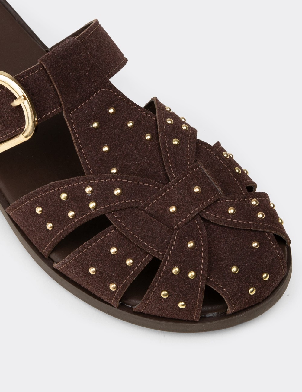 Women's Brown Studded Strap Slide Sandals - K0025ZKHVM01