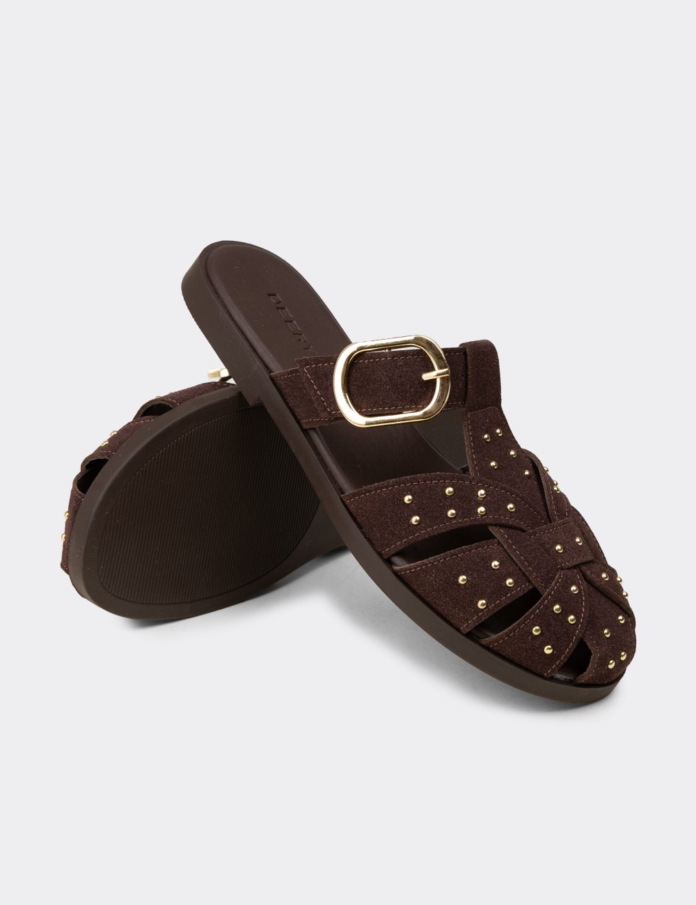 Women's Brown Studded Strap Slide Sandals - K0025ZKHVM01