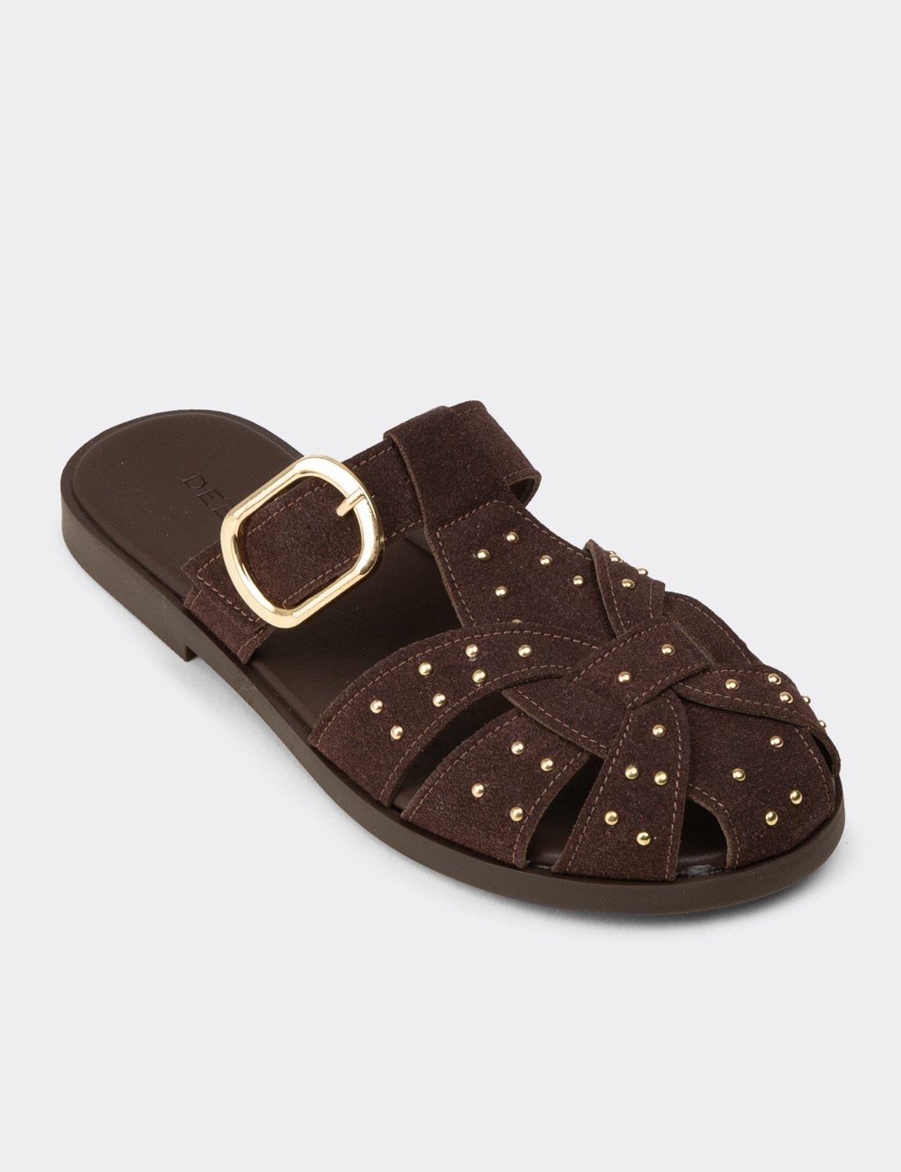 Women's Brown Studded Strap Slide Sandals - K0025ZKHVM01