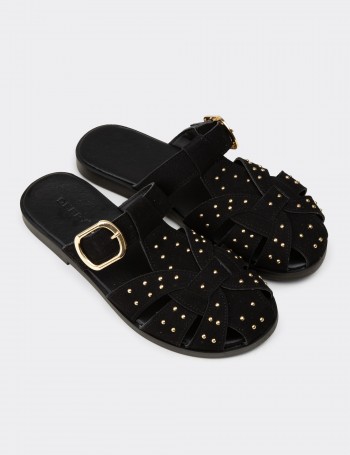 Women's Black Studded Slide Sandals