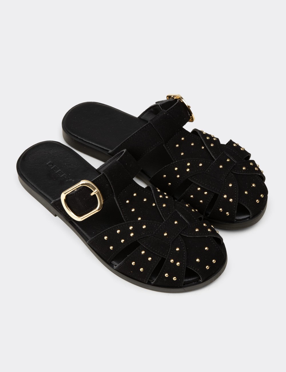 Women's Black Studded Slide Sandals - K0025ZSYHM01