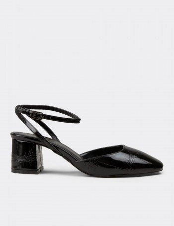Women's Black Glossy Slingback Block Heels