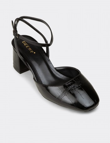 Women's Black Glossy Slingback Block Heels
