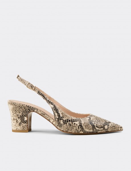 Women's Beige Snake Pattern Slingback Heels
