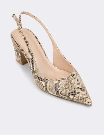Women's Beige Snake Pattern Slingback Heels