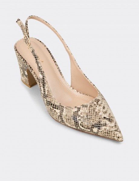 Women's Beige Snake Pattern Slingback Heels