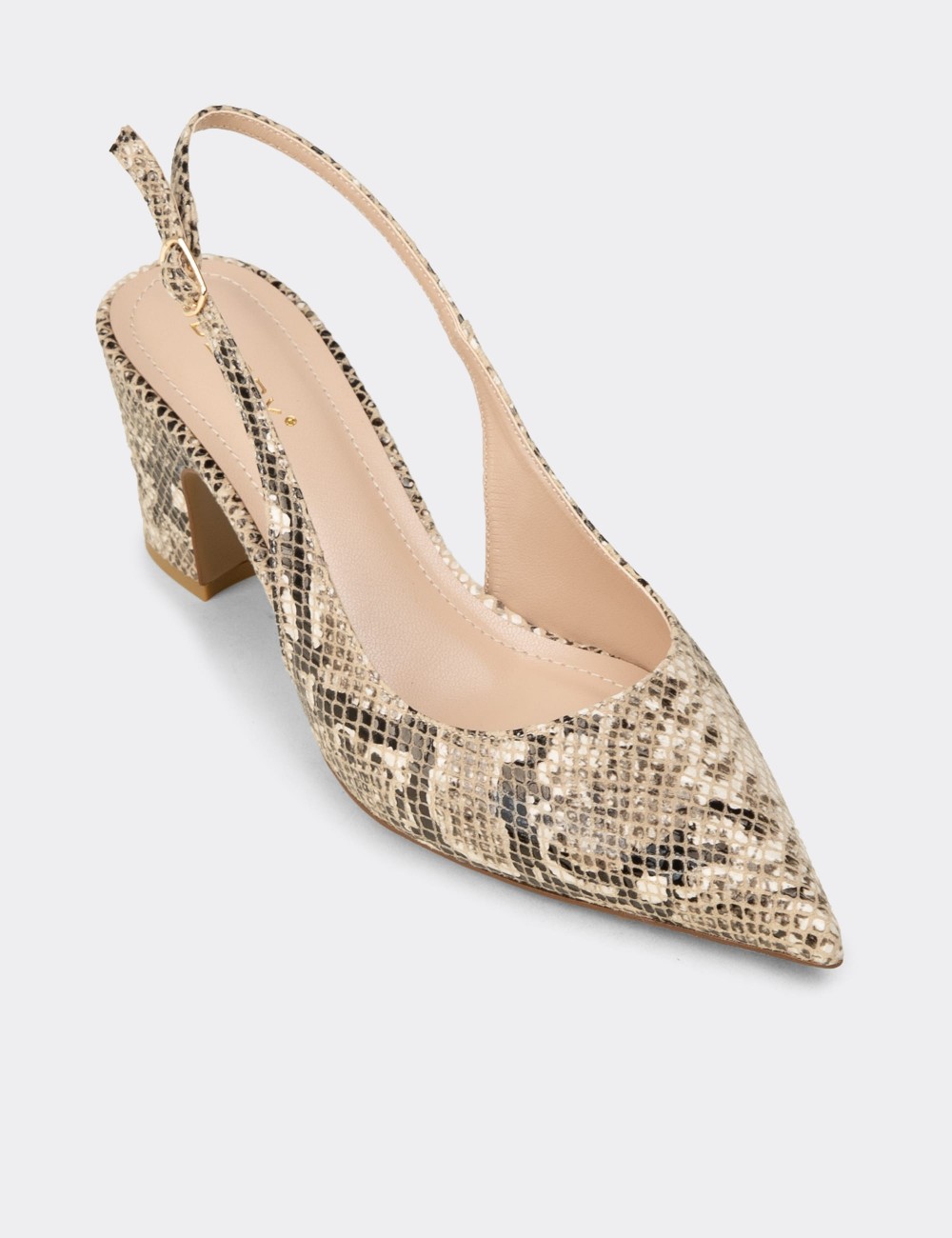 Women's Beige Snake Pattern Slingback Heels - RD125ZBEJM01