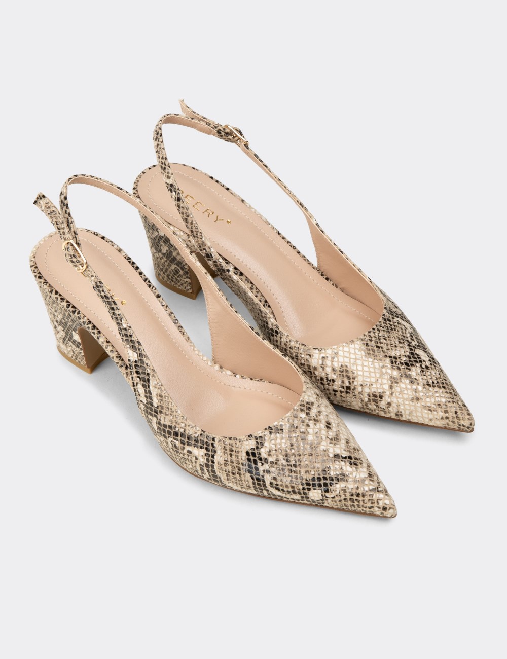 Women's Beige Snake Pattern Slingback Heels - RD125ZBEJM01