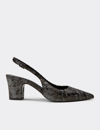 Women's Black Python Pattern Slingback Heels