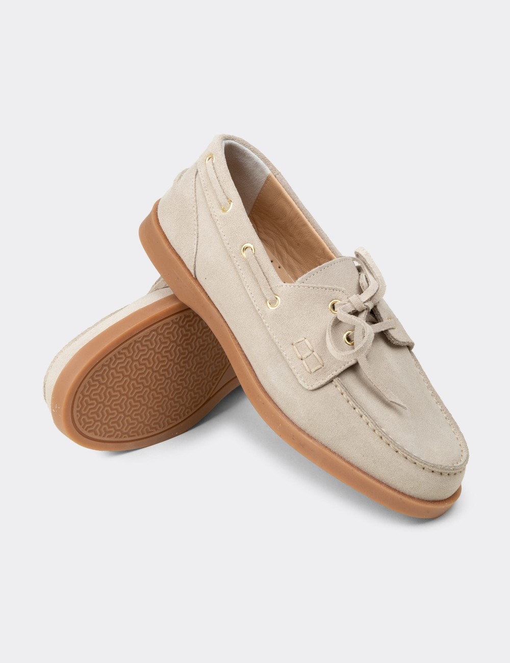 Women's Beige Suede Leather Boat Shoes - R2602ZBEJC01
