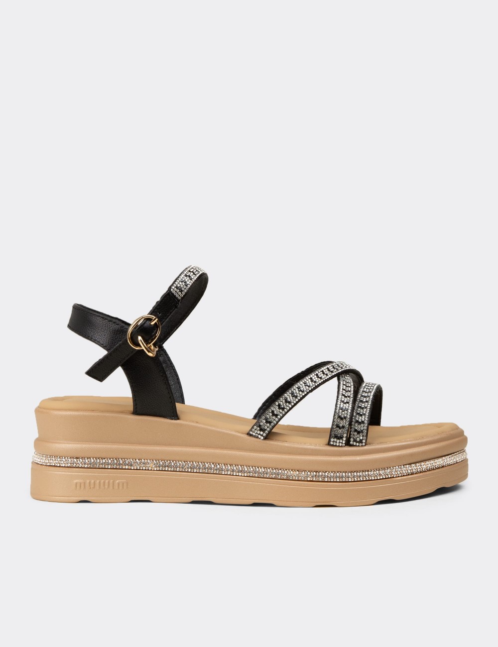 Women's Black Embellished Platform Sandals - K0095ZSYHC01
