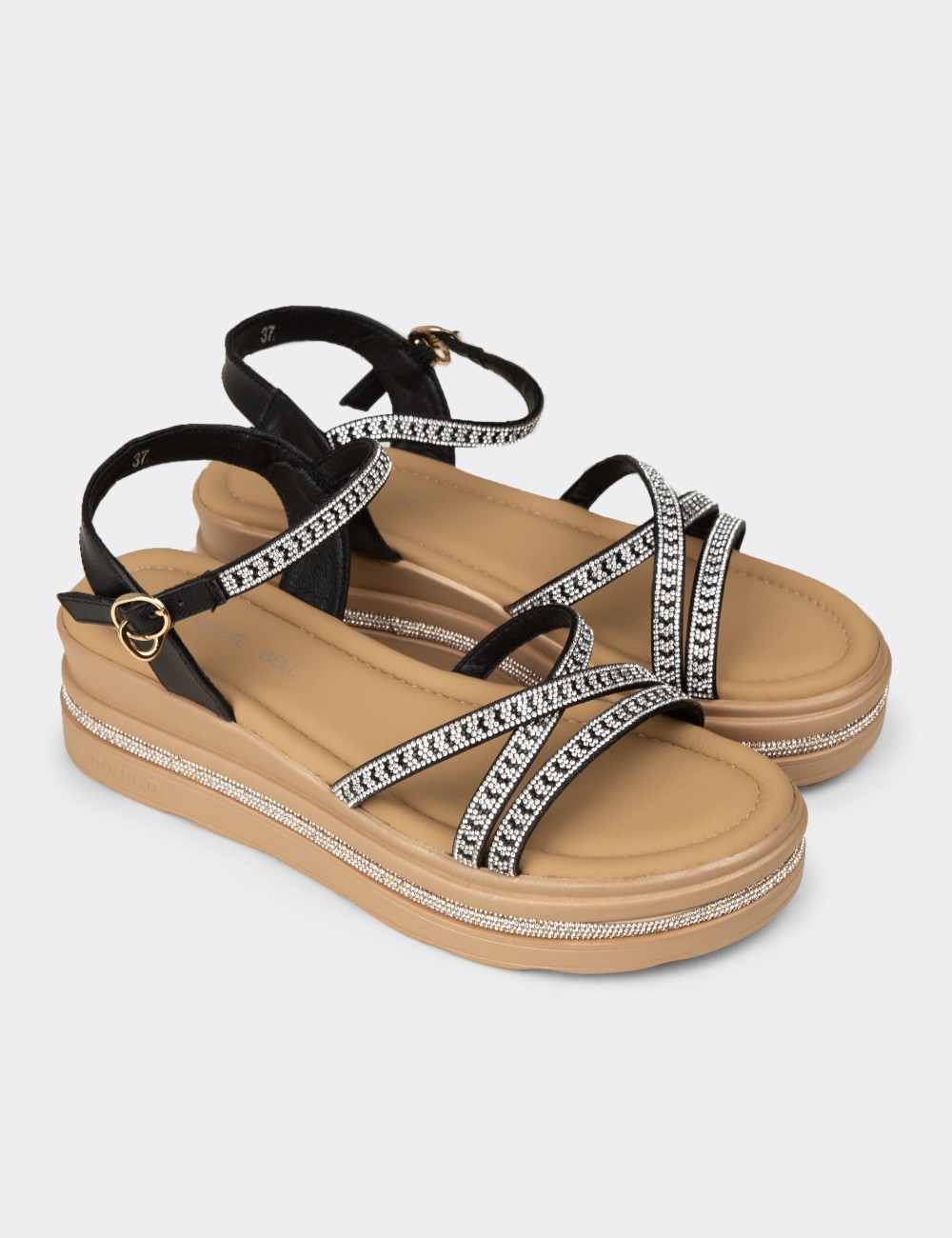 Women's Black Embellished Platform Sandals - K0095ZSYHC01