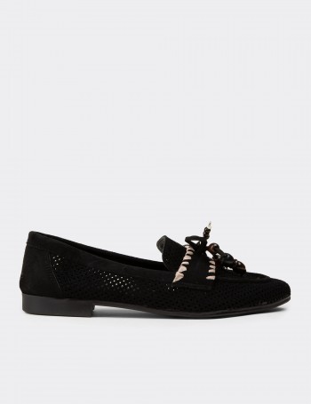 Women's Black Perforated Suede Flats - K2706ZSYHM01
