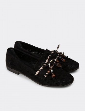 Women's Black Perforated Suede Flats - K2706ZSYHM01