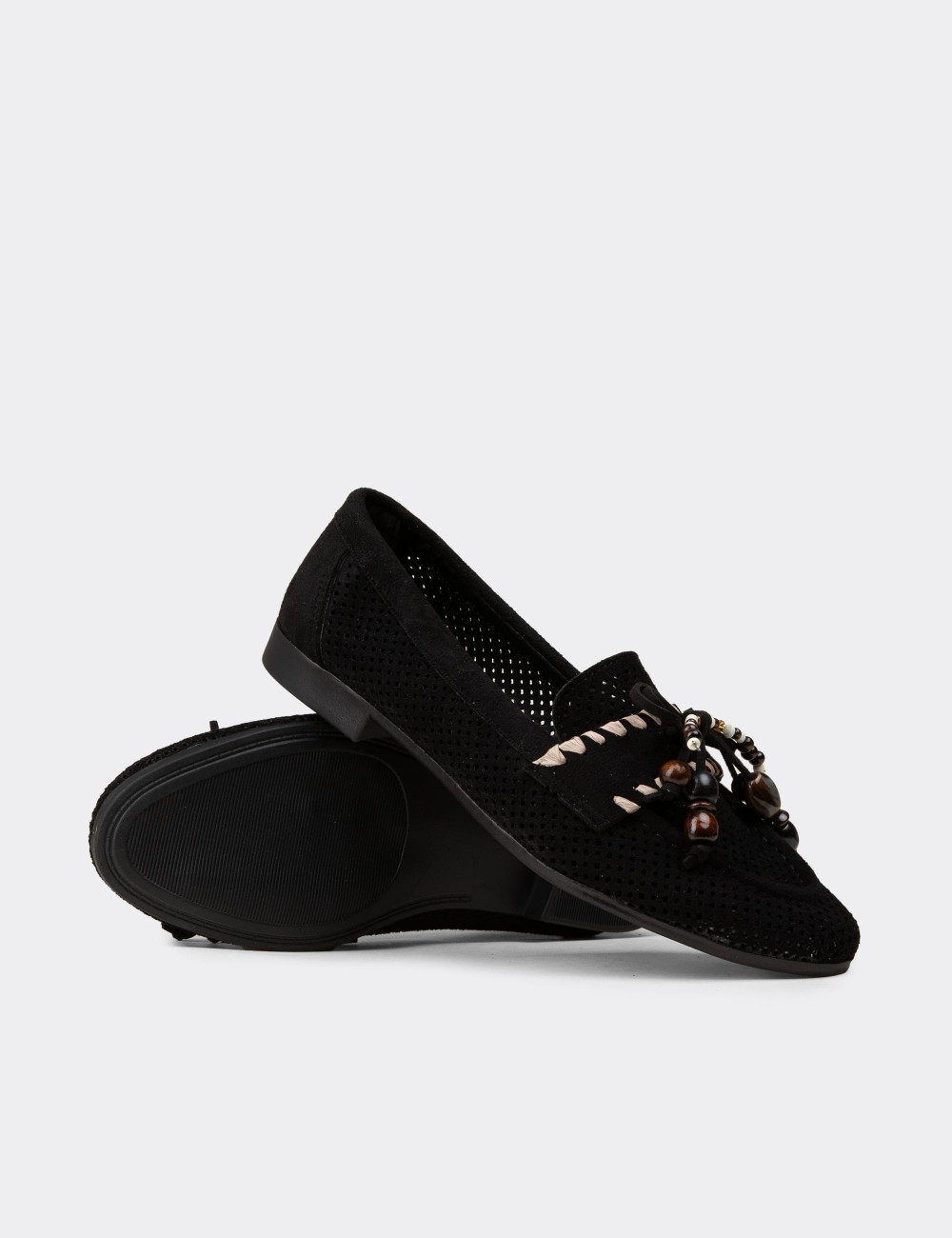 Women's Black Perforated Suede Flats - K2706ZSYHM01
