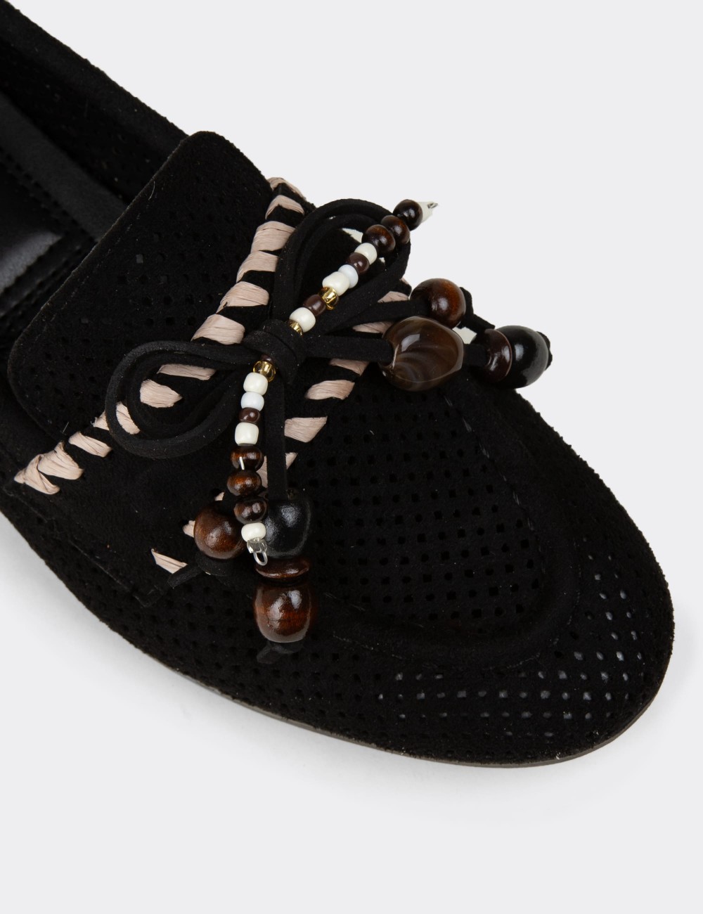 Women's Black Perforated Suede Flats - K2706ZSYHM01