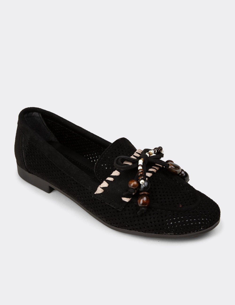 Women's Black Perforated Suede Flats - K2706ZSYHM01