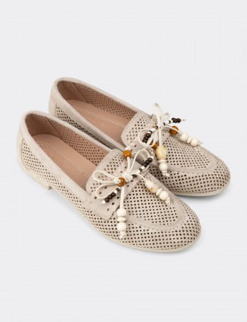 Women's Beige Perforated Ballet Flats - K2706ZBEJM01