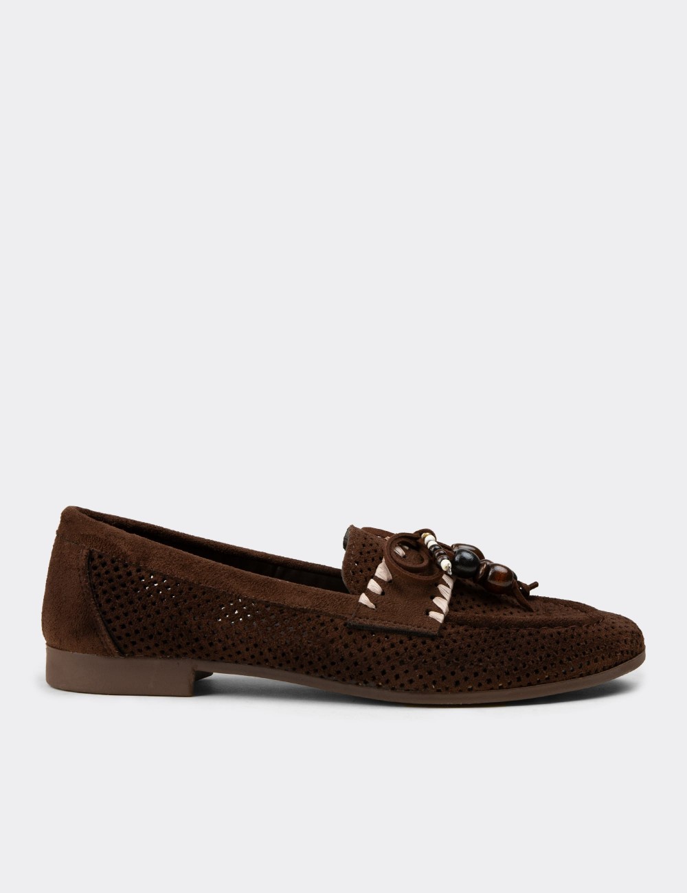 Women's Brown Suede Perforated Flats - K2706ZKHVM01