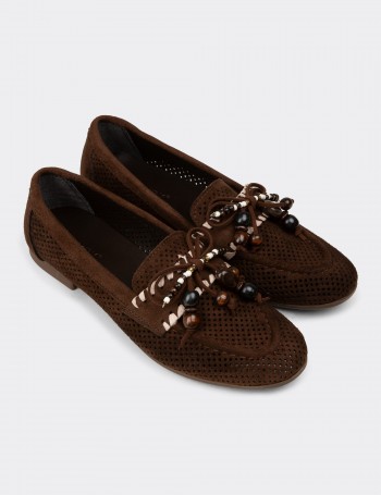 Women's Brown Suede Perforated Flats - K2706ZKHVM01