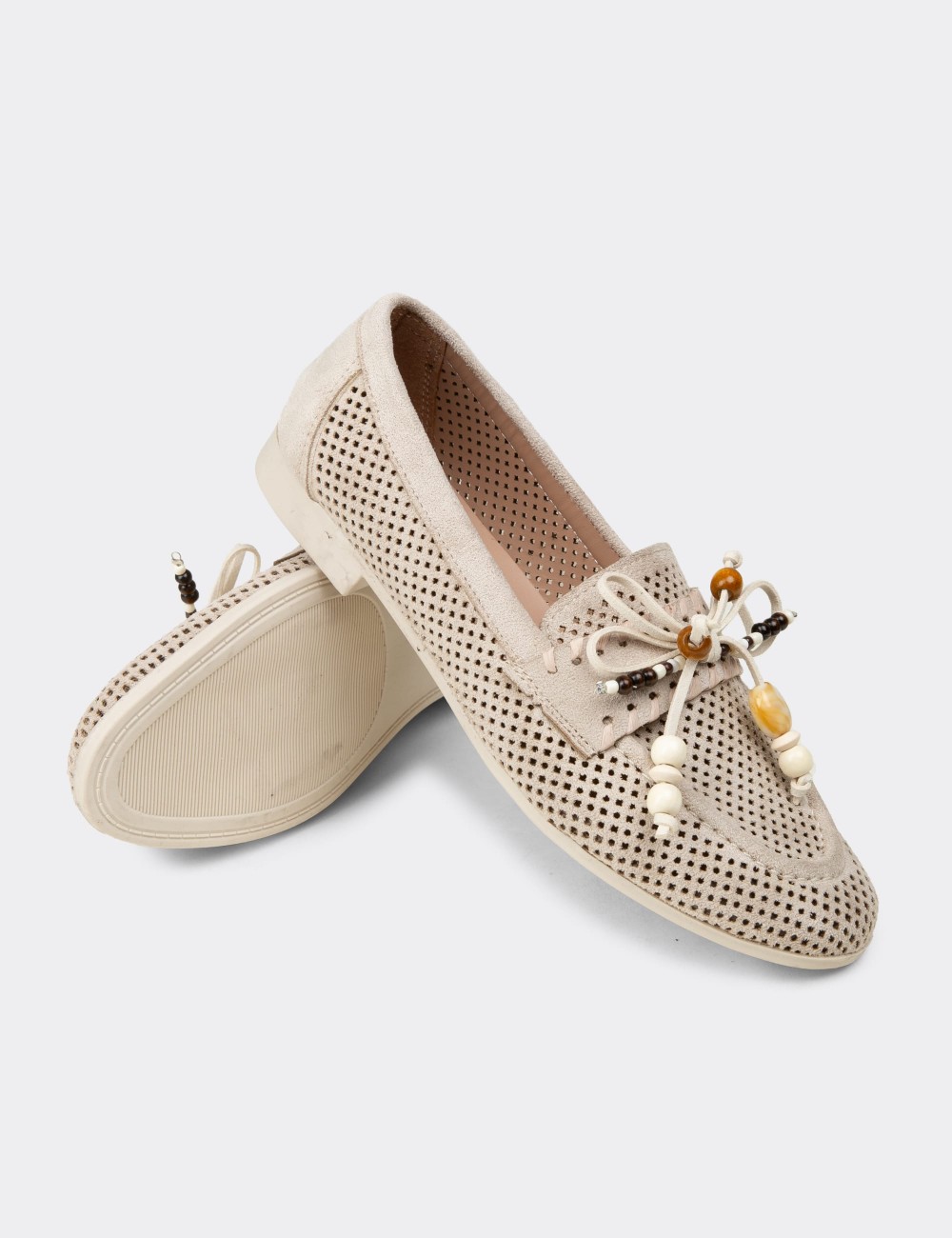 Women's Beige Perforated Ballet Flats - K2706ZBEJM01