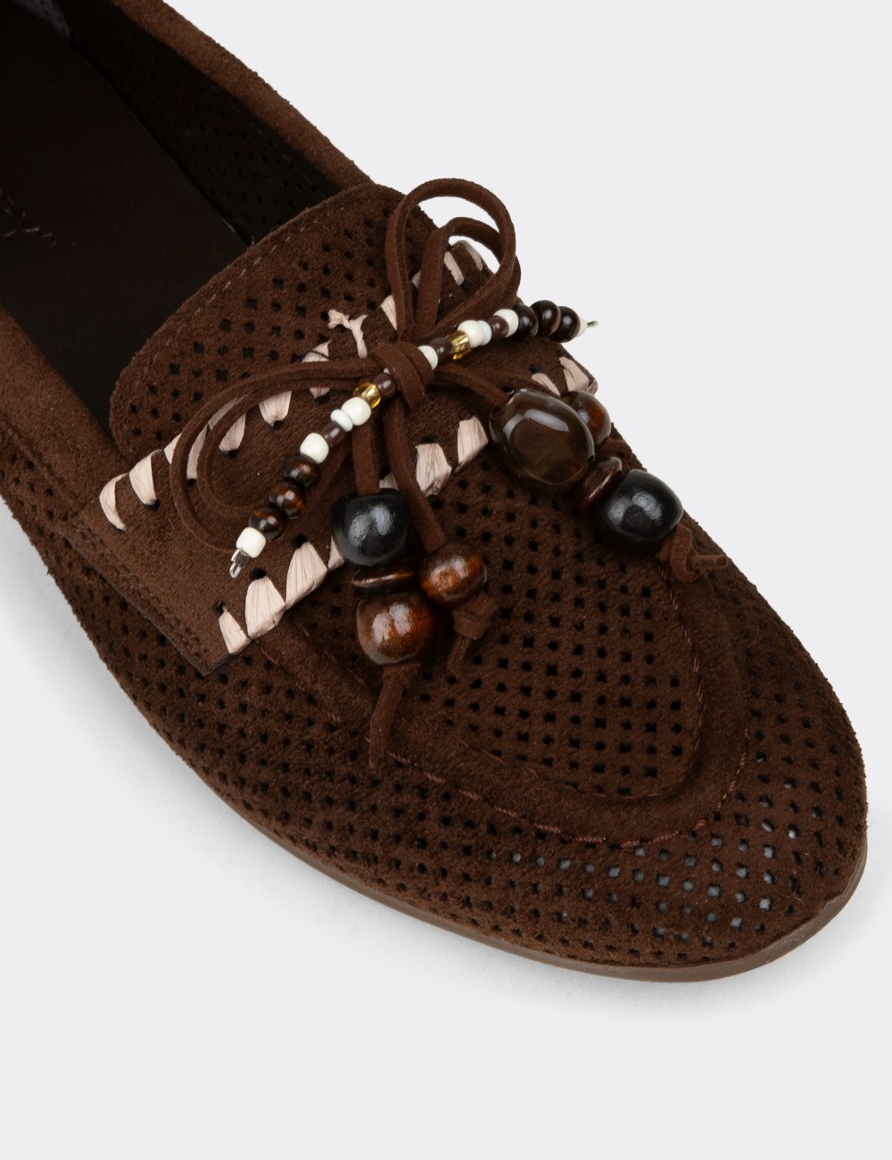 Women's Brown Suede Perforated Flats - K2706ZKHVM01