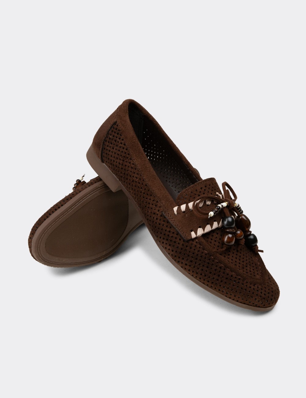 Women's Brown Suede Perforated Flats - K2706ZKHVM01
