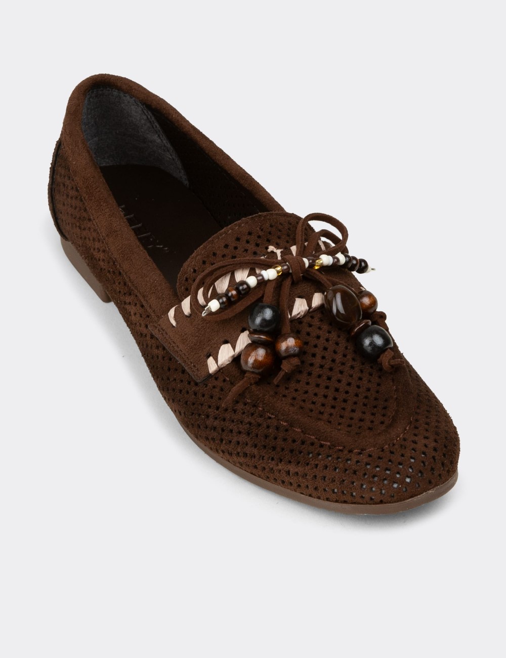Women's Brown Suede Perforated Flats - K2706ZKHVM01