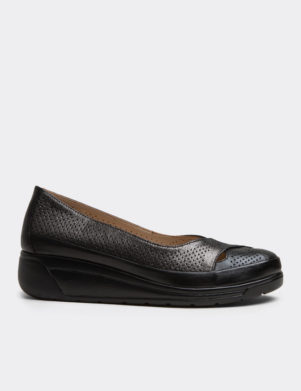 Women's Black Leather Comfort Wedge Flats - N1051ZSYHC01