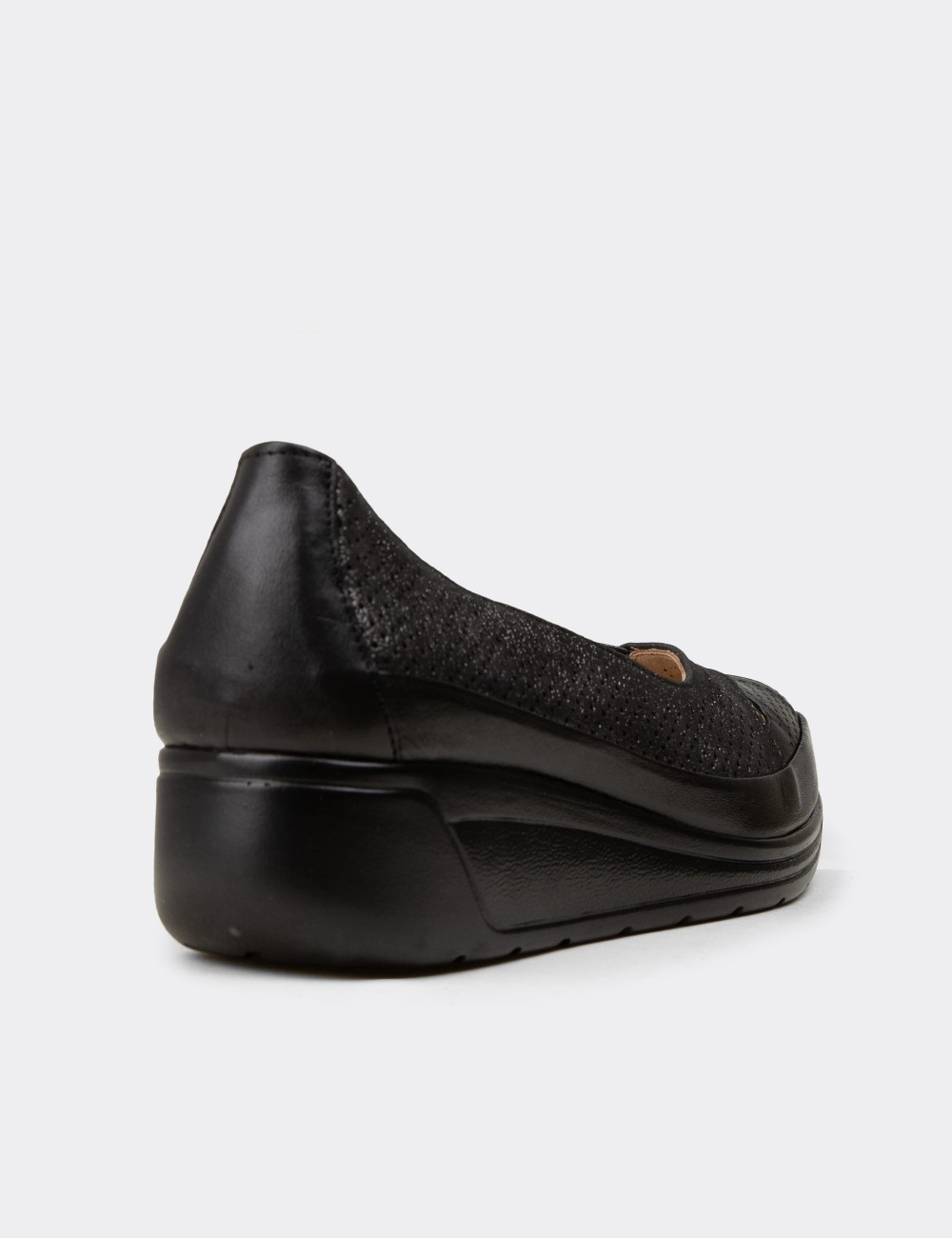 Women's Black Leather Comfort Wedge Flats - N1051ZSYHC01