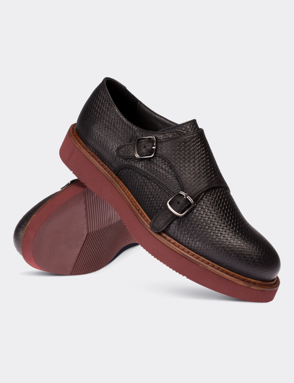 Black  Leather Monk Straps Shoes - 01614ZSYHE05