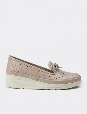 Women's Beige Leather Wedge Slip-On