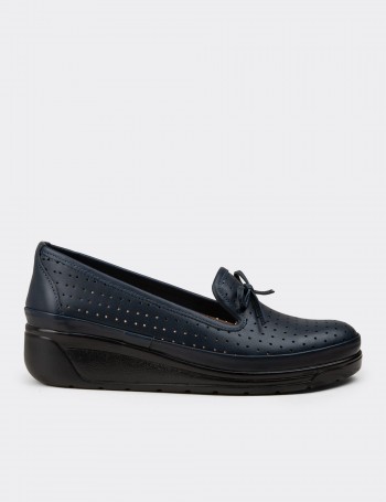 Women's Navy Leather Wedge Slip-On