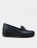 Women's Navy Leather Wedge Slip-On