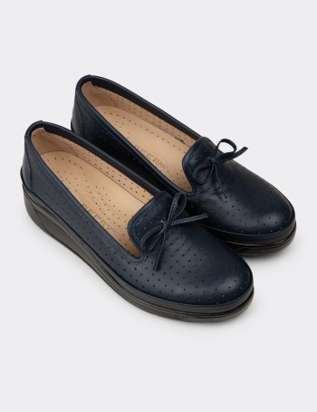 Women's Navy Leather Wedge Slip-On