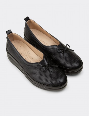 Women's Black Leather Wedge Slip-On