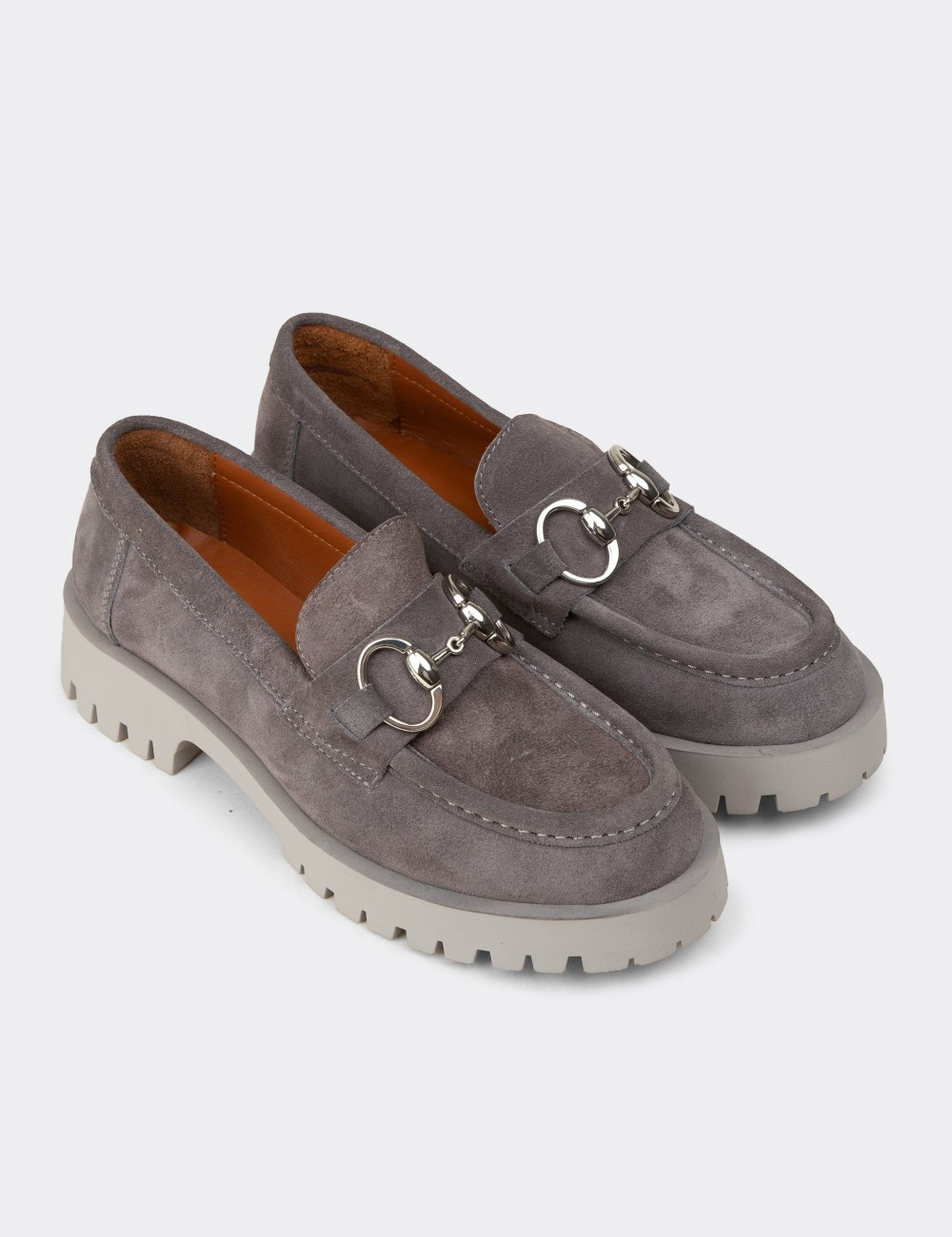 Women's Gray Suede Leather Slip-On Shoes - 02037ZGRIC01