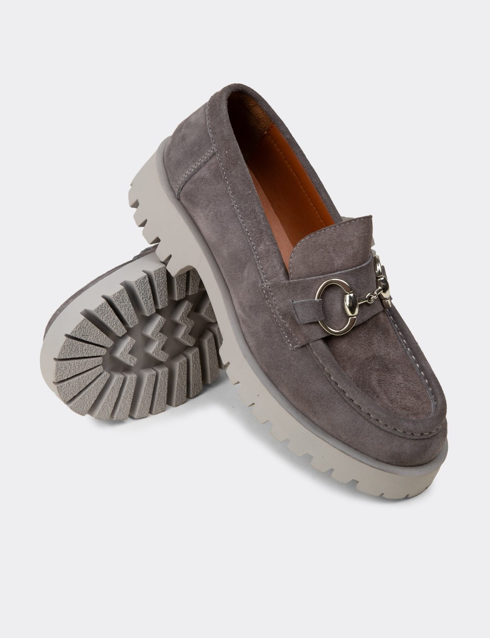 Women's Gray Suede Leather Slip-On Shoes - 02037ZGRIC01