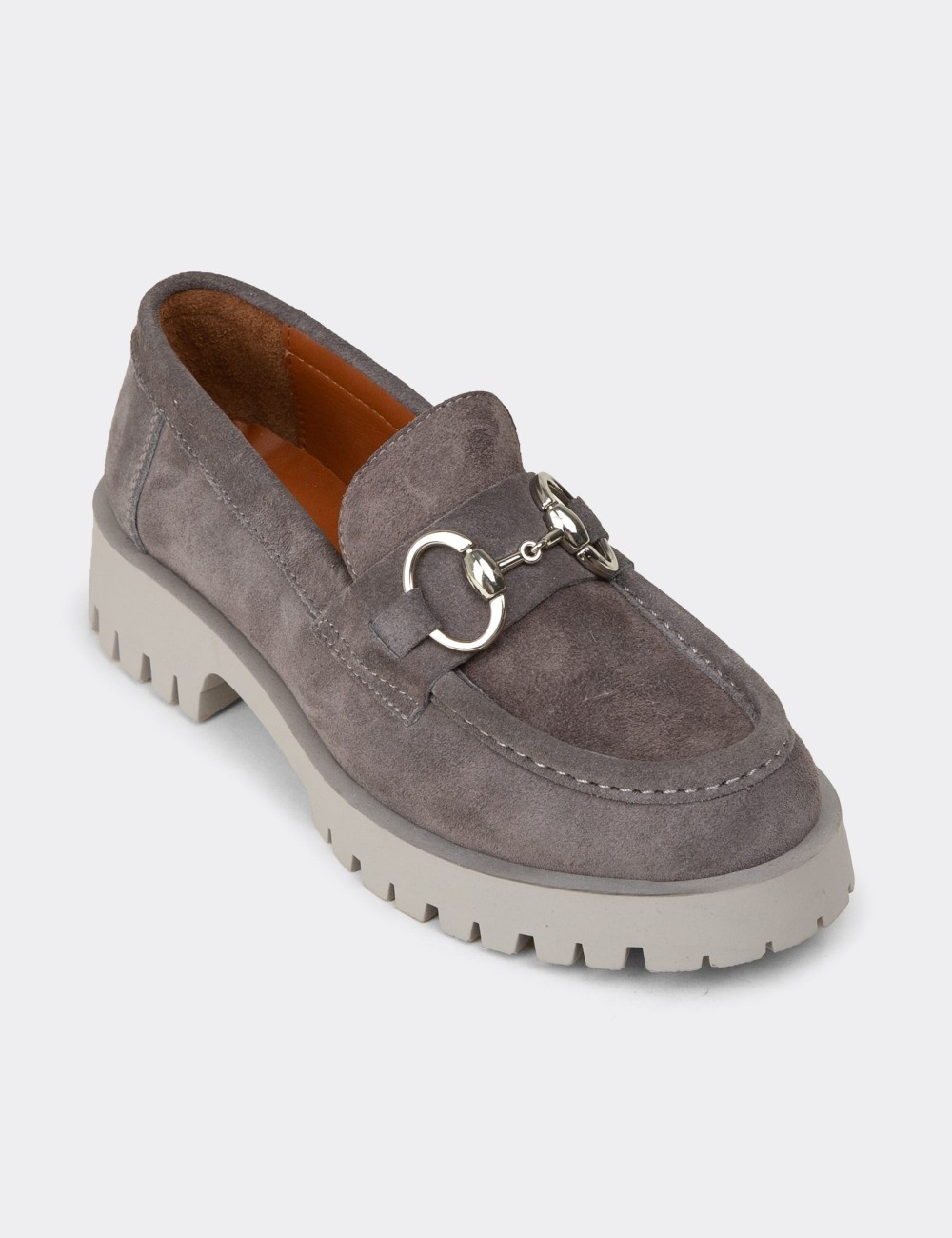 Women's Gray Suede Leather Slip-On Shoes - 02037ZGRIC01