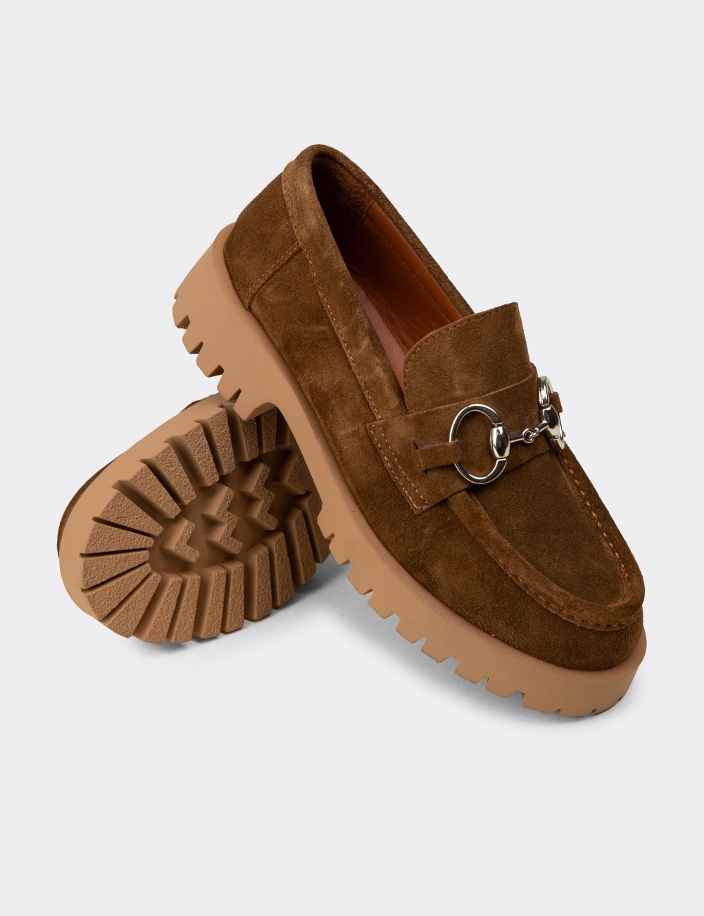 Women's Tan Suede Leather Loafers - 02037ZTBAC01