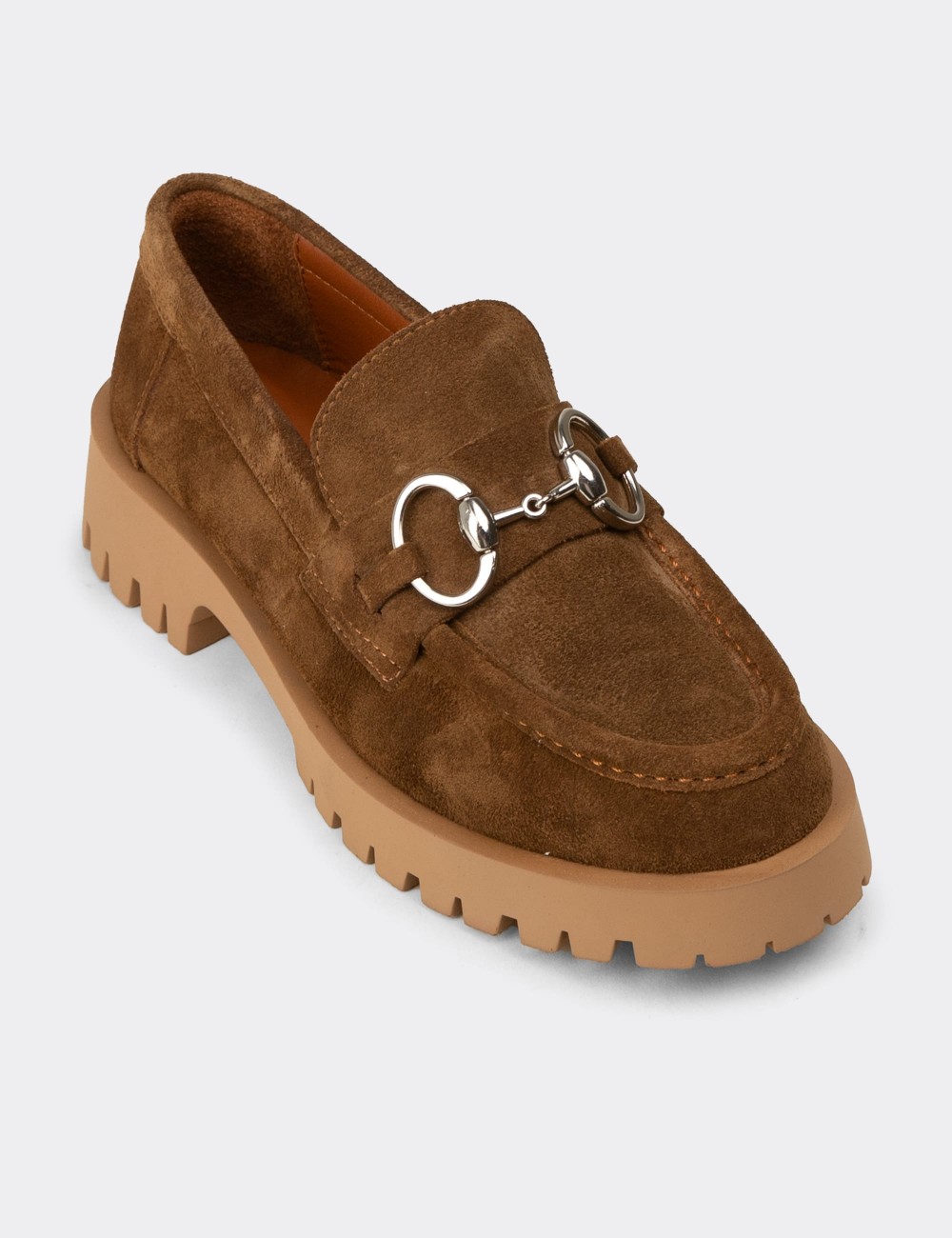 Women's Tan Suede Leather Loafers - 02037ZTBAC01