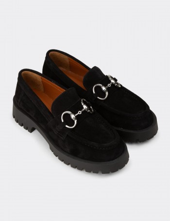 Women's Black Suede Leather Loafers
