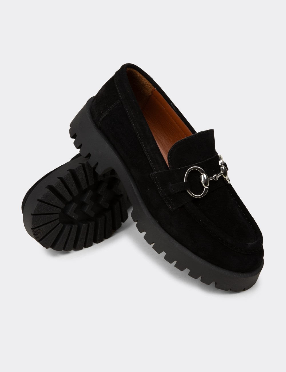 Women's Black Suede Leather Loafers - 02037ZSYHC01