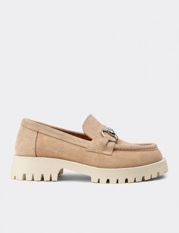 Women's Beige Suede Leather Loafers - 02037ZBEJC01